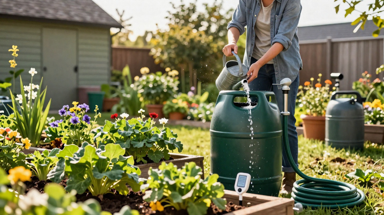 Pessoa regando plantas em um jardim usando regador para encher um reservatório verde.