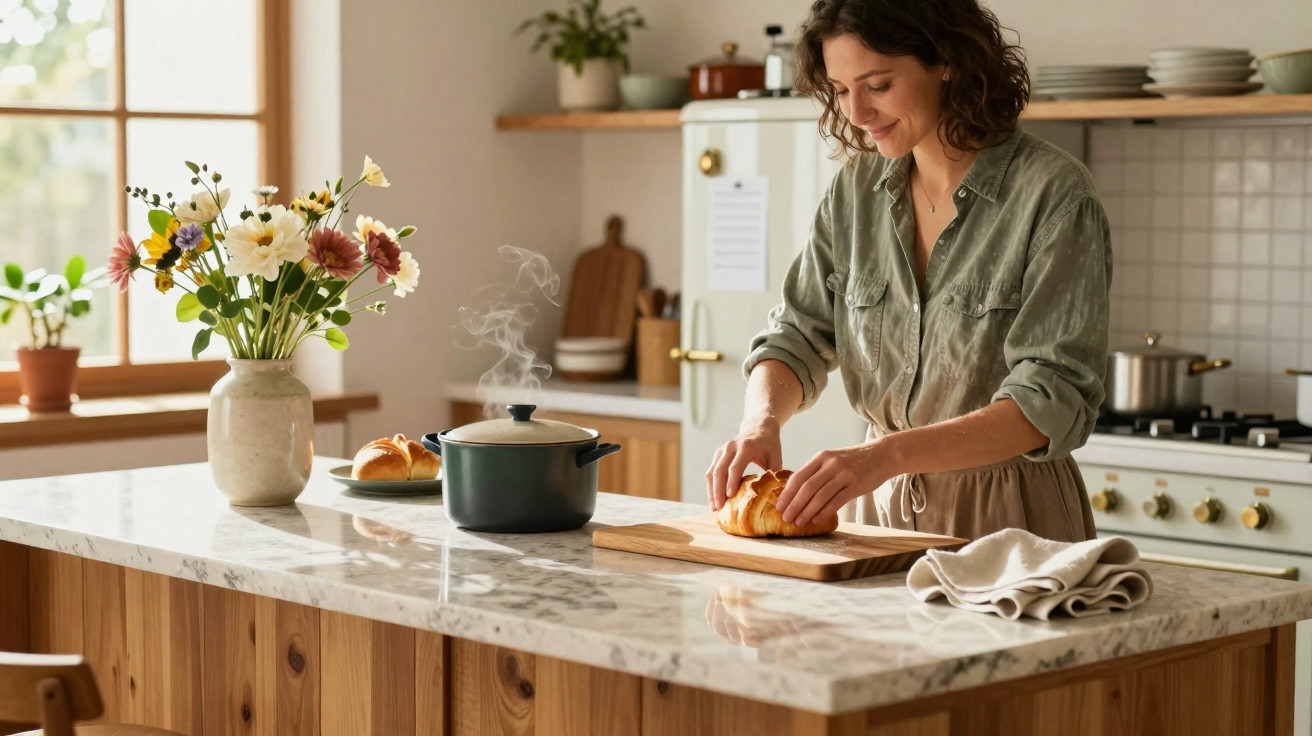 Mulher sorrindo preparando pão em cozinha iluminada com vaso de flores na bancada de mármore.