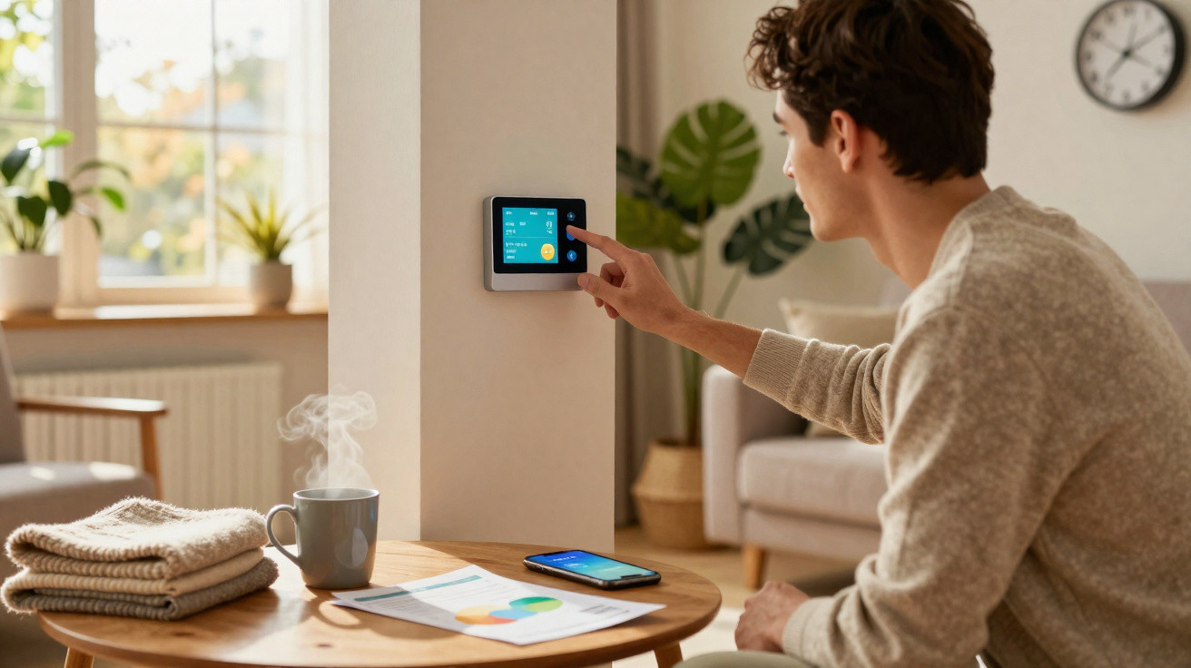 Homem ajusta termostato digital em parede de sala de estar com mesa, xícara e celular.