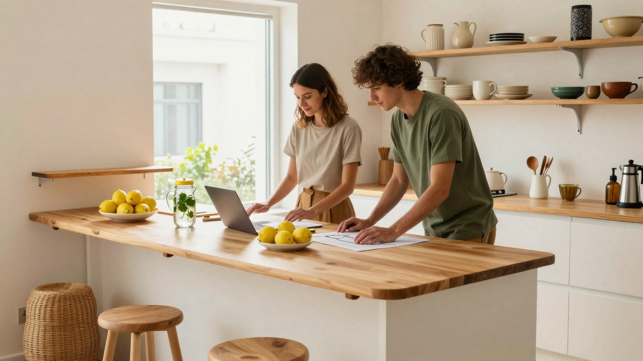 Jovem casal em cozinha moderna planejando algo com laptop e papéis sobre bancada de madeira clara.