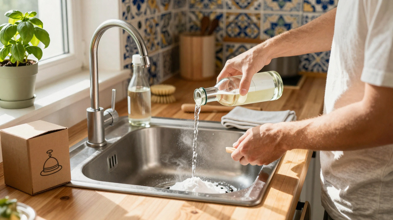 Pessoa despejando líquido sobre bicarbonato de sódio na pia de cozinha com azulejos decorativos ao fundo.