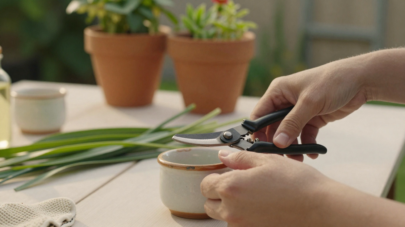 Mãos segurando tesoura de poda sobre vaso, com plantas e cebolinhas ao fundo em mesa clara.