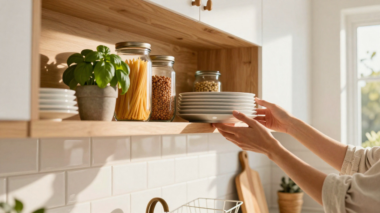 Mãos guardando pratos brancos em prateleira de cozinha com potes de mantimentos e vaso de planta.