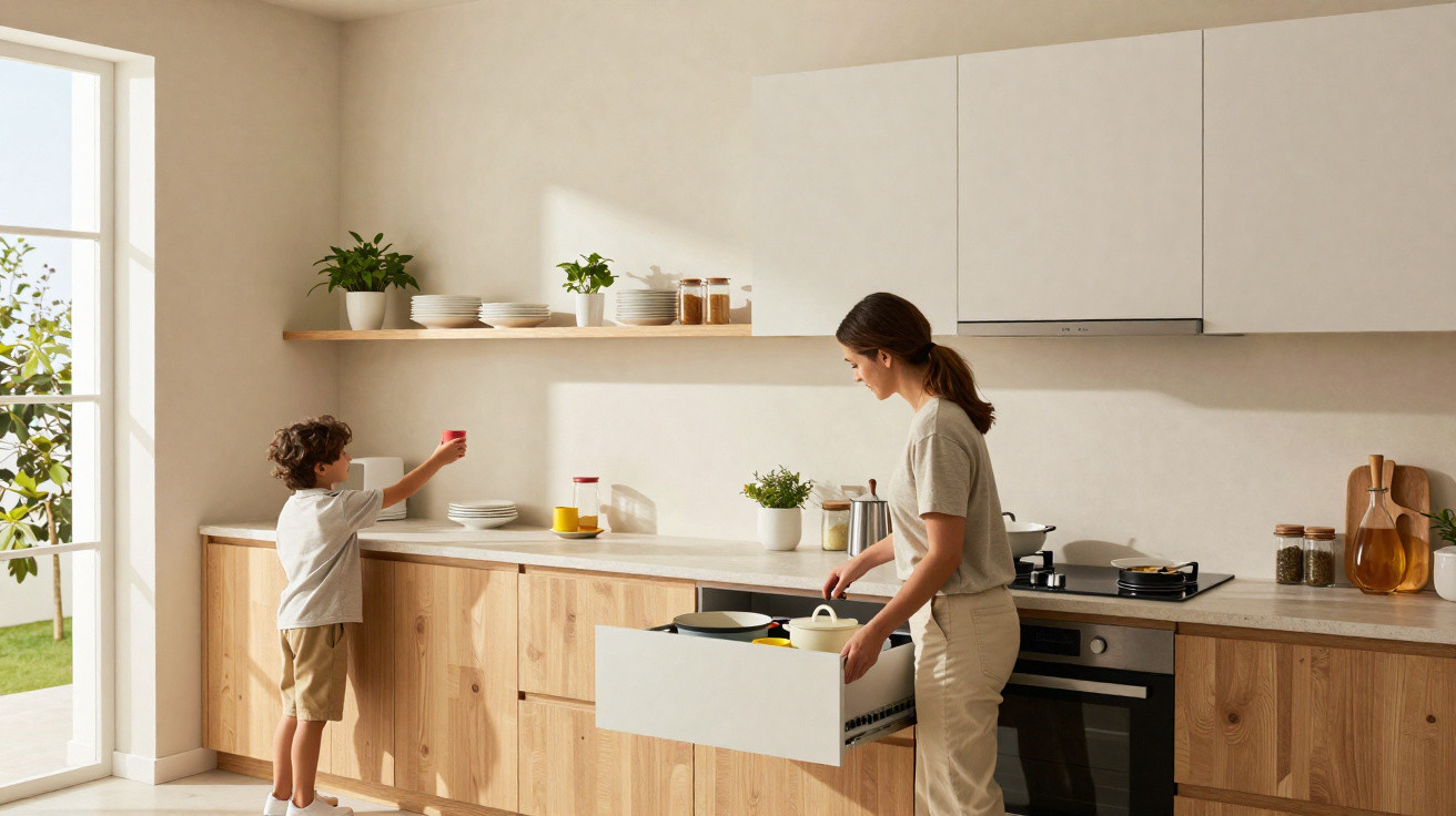 Cozinha iluminada com mulher organizando gaveta e menino alcançando copo próximo à janela aberta.