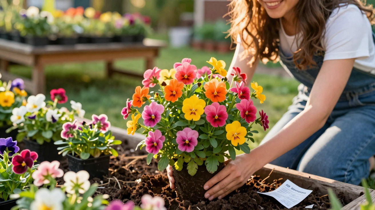 Pessoa plantando vaso com flores coloridas em canteiro de jardim ao ar livre.