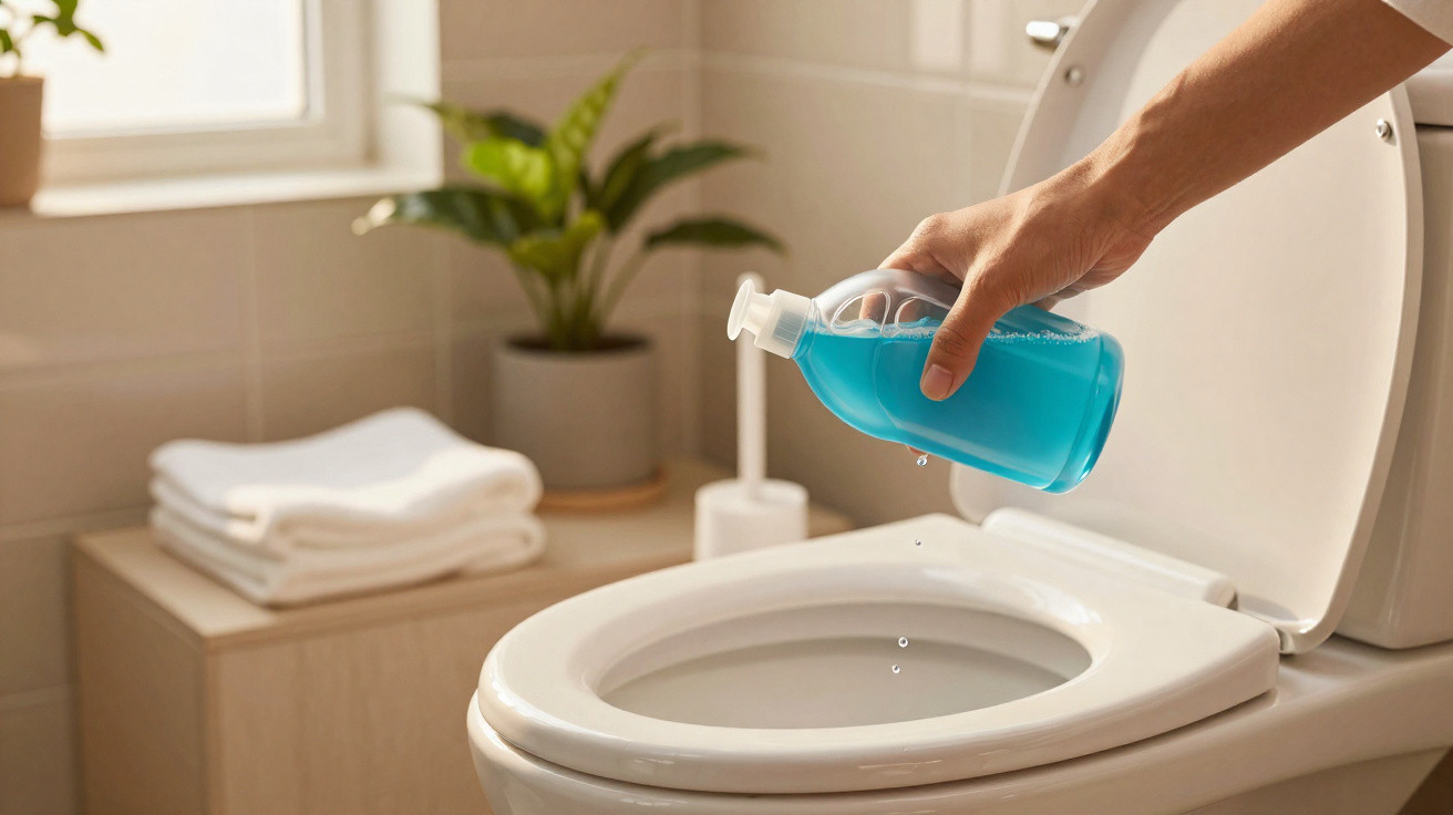 Pessoa despejando limpador azul no vaso sanitário branco em banheiro iluminado.