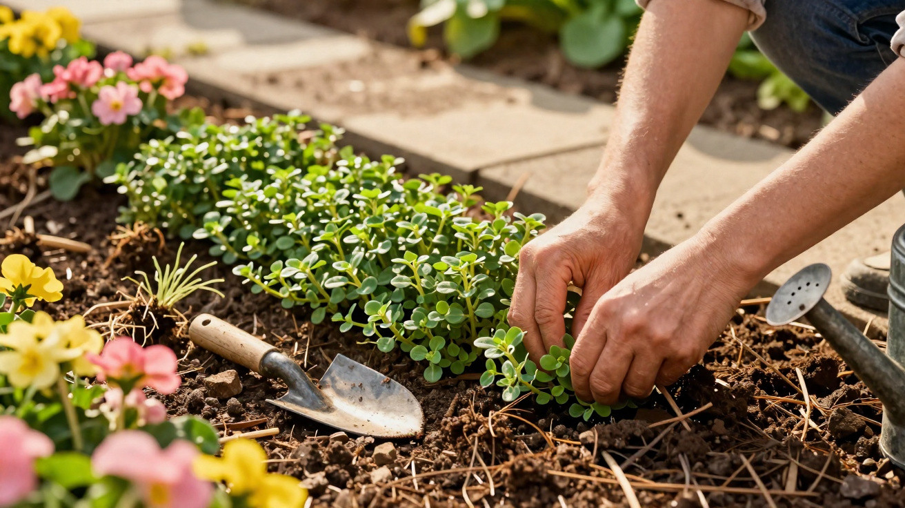 Mãos plantando muda de suculenta em canteiro com flores e ferramenta de jardinagem ao lado.