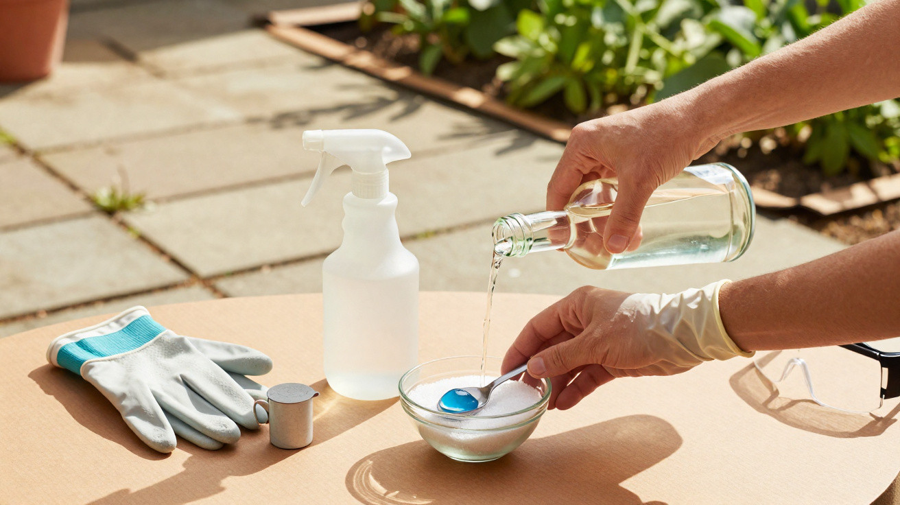 Mãos com luvas segurando garrafa e misturando líquido em tigela, ao lado de luvas, spray e óculos de proteção.