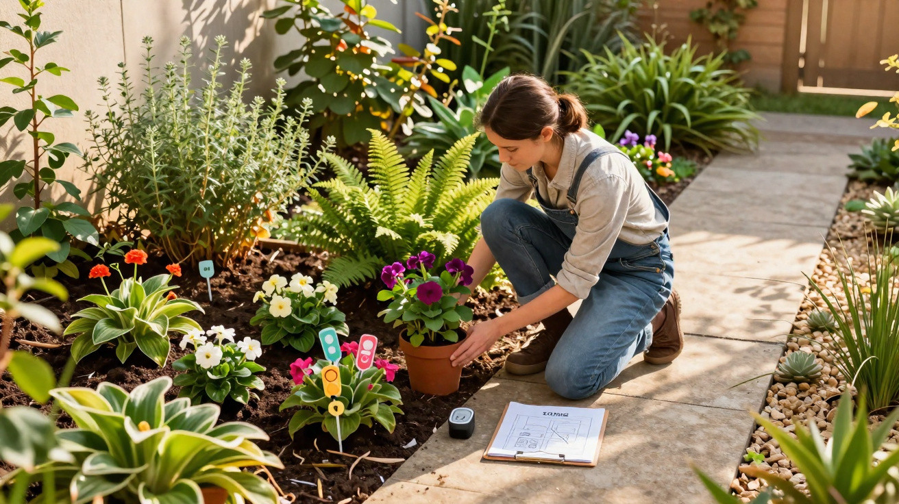Jovem cuidando de flores em um jardim doméstico ensolarado, com prancha e dispositivo ao lado.