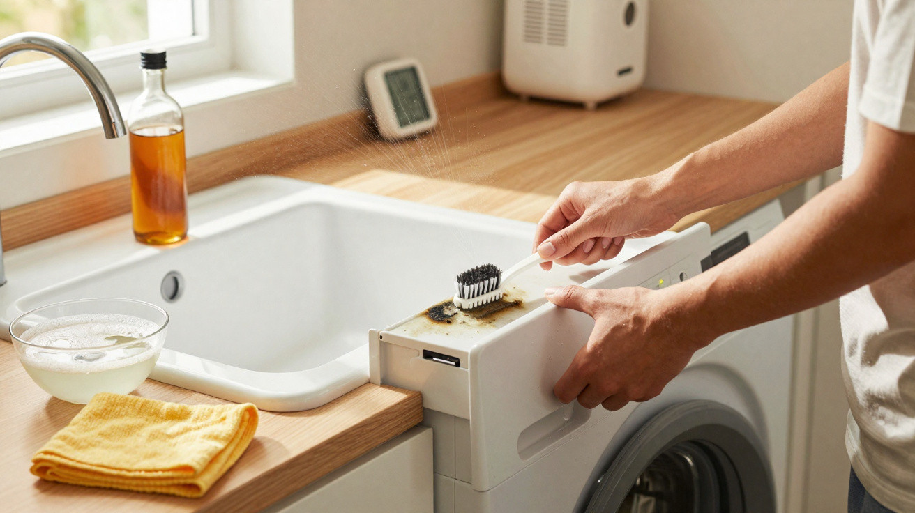 Pessoa limpando o compartimento de detergente da lavadora com escova em cozinha iluminada natural.
