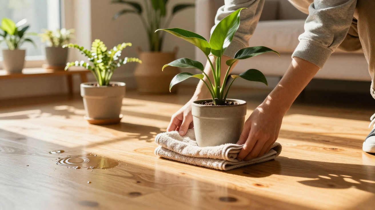 Pessoa protegendo vaso de planta com toalha sobre piso de madeira com luz solar entrando pela janela.