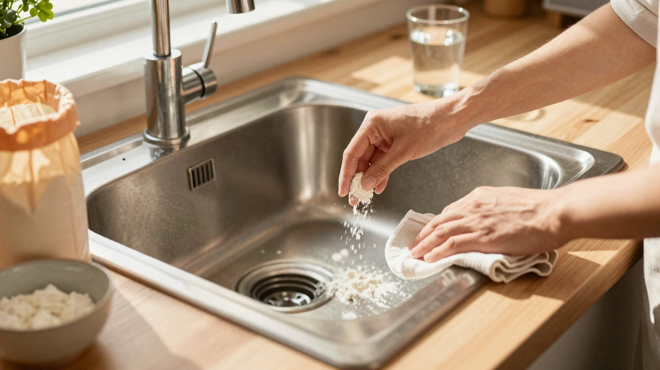 Pessoa limpando pia de cozinha de aço inox com pano, tirando resíduos de farinha branca.