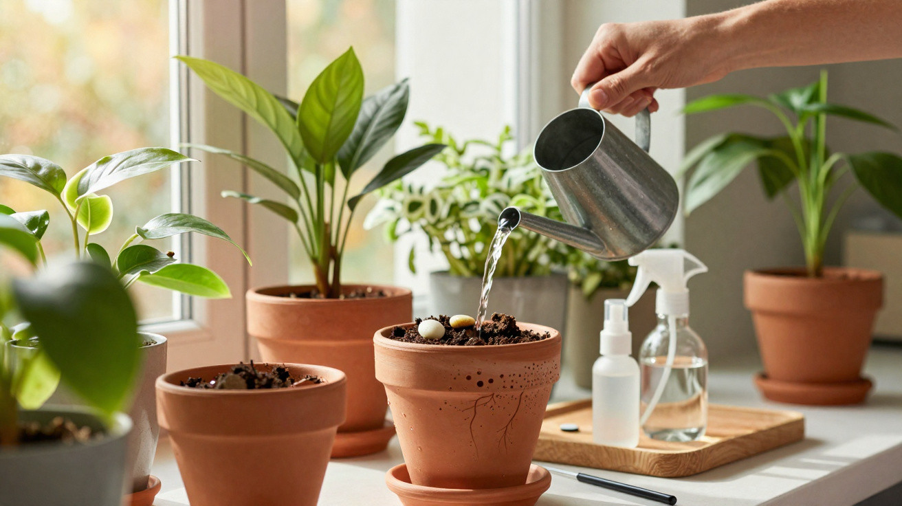 Mão regando planta em vaso de barro em ambiente interno com várias plantas próximas à janela.