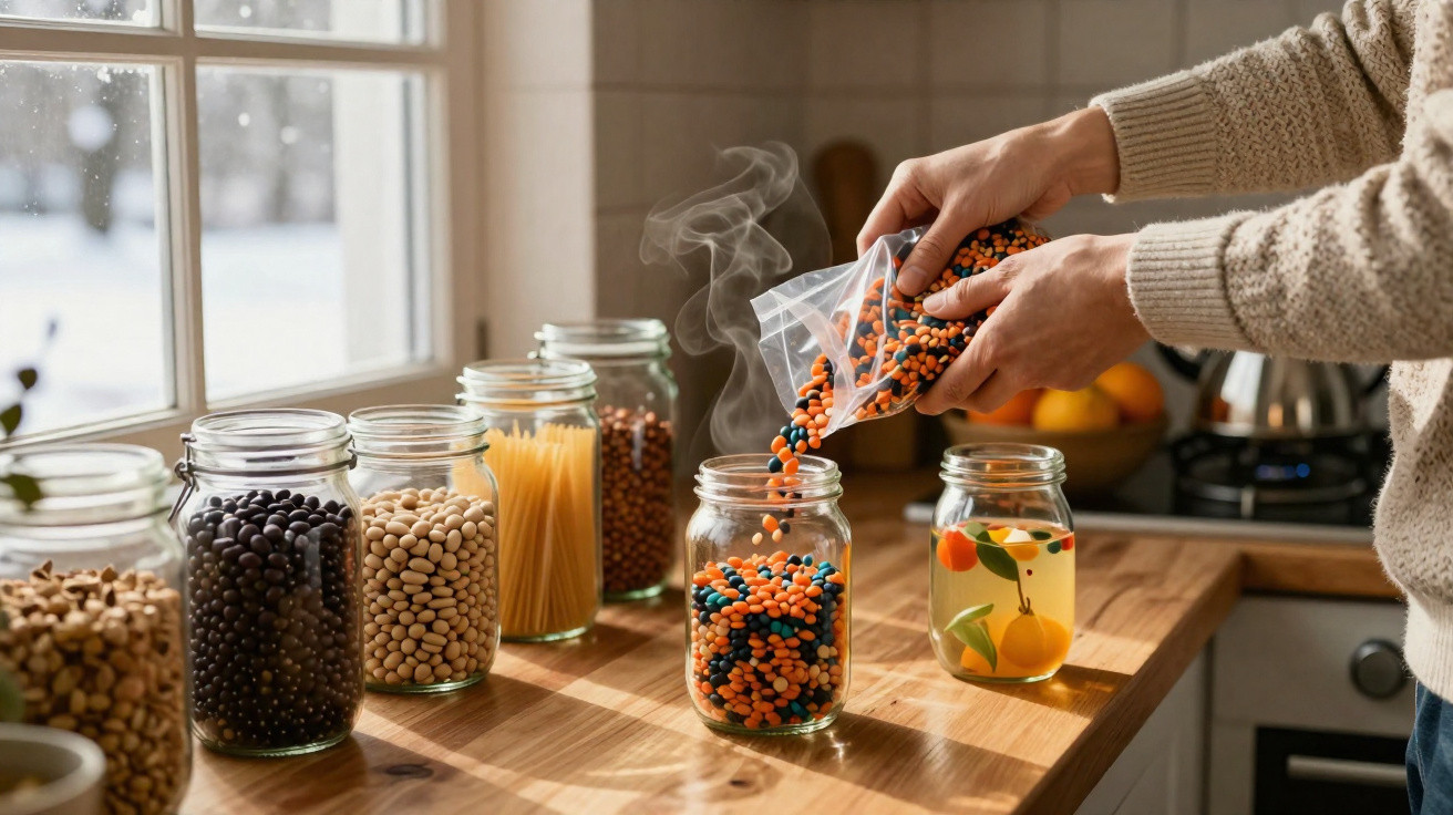 Mãos colocando lentilhas coloridas em pote de vidro na cozinha com outros potes organizados na bancada.