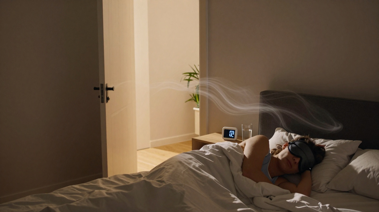Pessoa dormindo com máscara de olhos, luz do relógio digital e fumaça saindo de um difusor no quarto escuro.