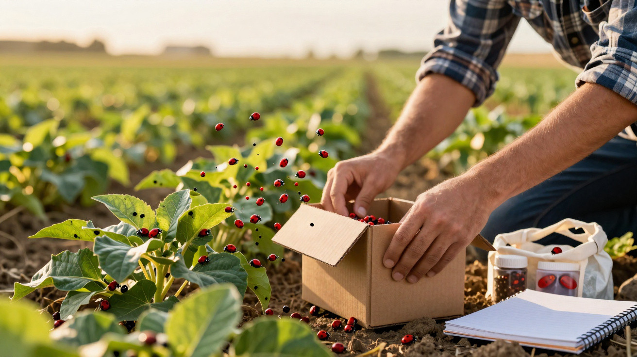 Pessoa colhendo frutos vermelhos em caixa de papelão em plantação ao ar livre.