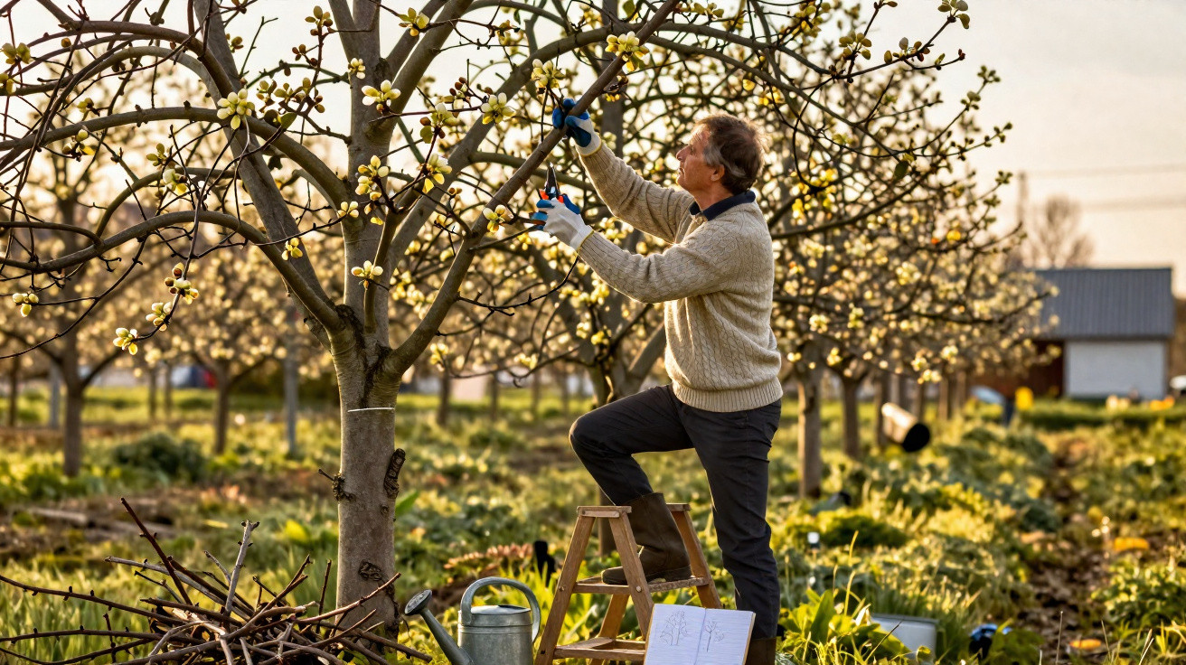 Homem podando árvore com flores brancas em pomar na hora do entardecer.