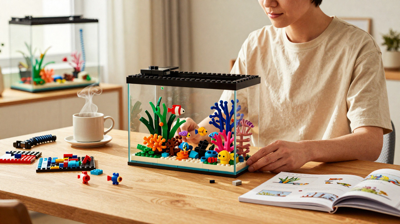 Pessoa montando aquário de lego com peixes coloridos e plantas em mesa de madeira clara.
