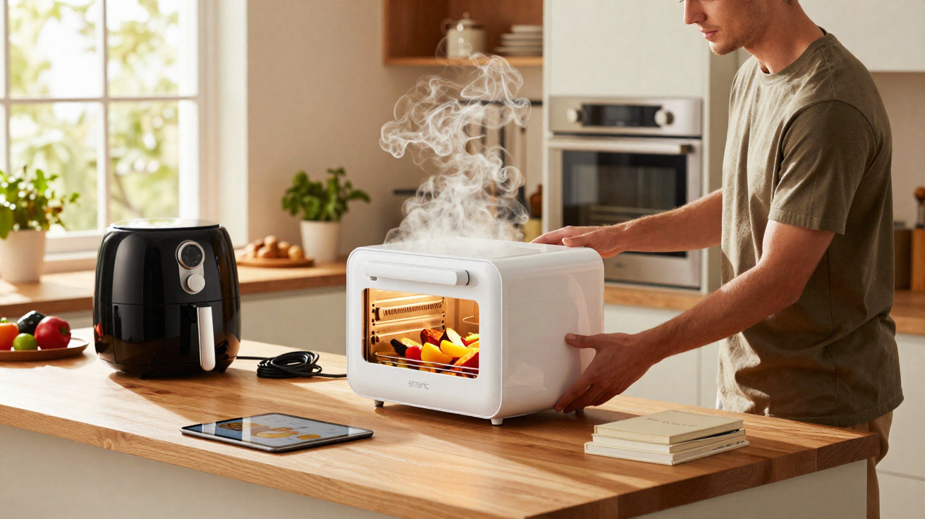Homem retira alimentos quentes de forno elétrico branco em cozinha moderna.