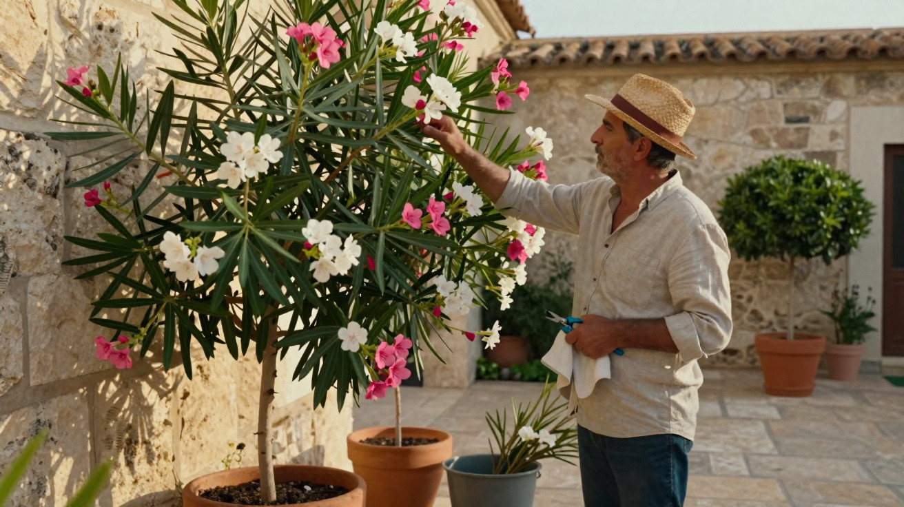 Homem com chapéu regando planta com flores brancas e rosas em pátio com parede de pedra.