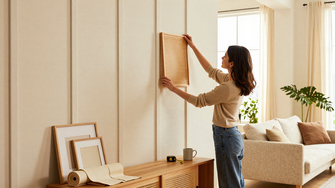 Mulher pendura quadro de palha em parede clara em sala de estar com sofá e plantas.