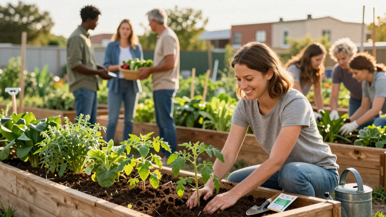 Mulher plantando mudas em horta comunitária enquanto outras pessoas cuidam das plantas ao fundo.