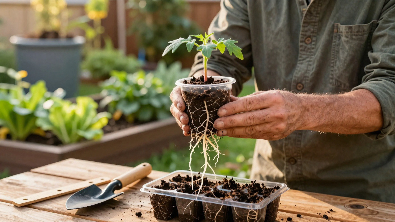 Pessoa segurando muda de planta com raízes expostas, preparando para transplante no jardim.