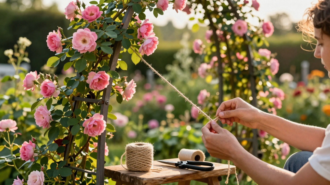 Pessoa amarrando corda em estrutura com roseiras floridas em jardim ensolarado.