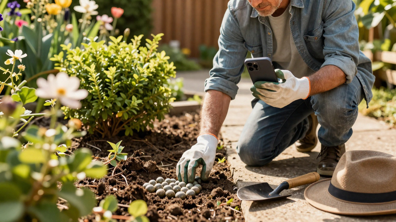 Homem com luvas plantando bolinhas no solo de jardim, ao lado de pá e chapéu, rodeado por flores e plantas.