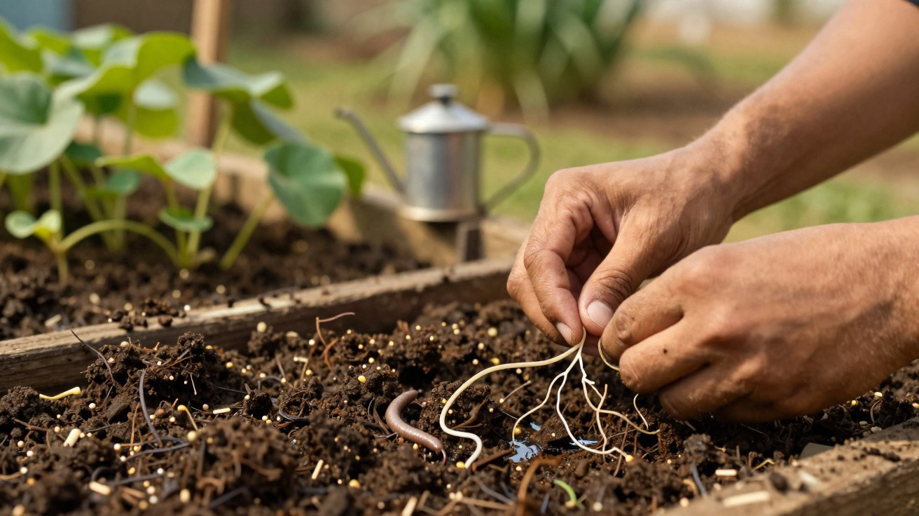 Mãos plantando mudas em solo fértil com minhoca e regador metálico ao fundo em jardim.