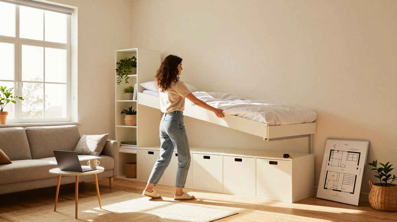 Mulher arrumando cama suspensa em quarto claro com sofá, mesa, plantas e quadro no chão.