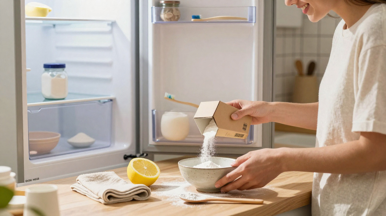 Pessoa despejando pó branco em uma tigela na cozinha, ao lado de meio limão e geladeira aberta.