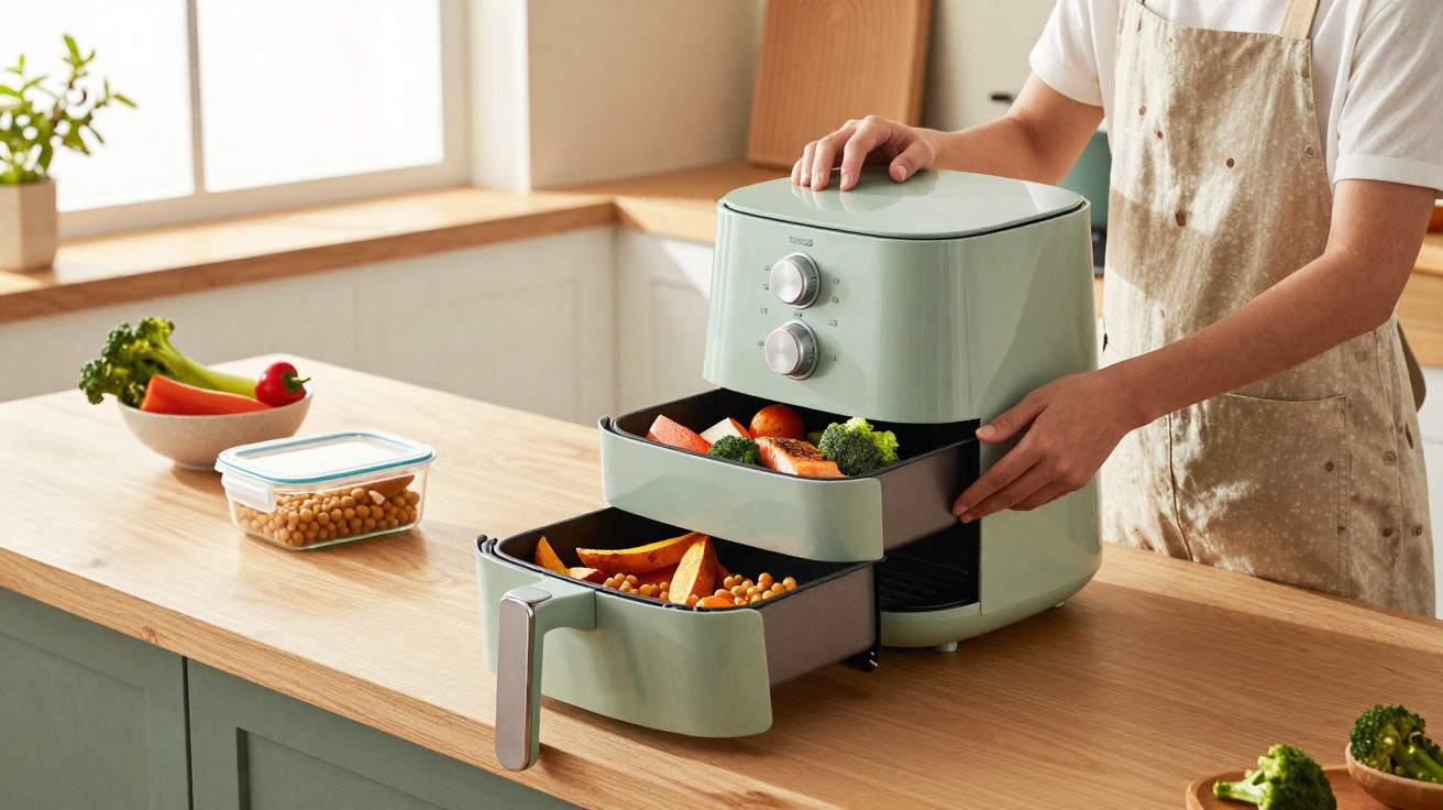 Pessoa usando fritadeira elétrica dupla gaveta para preparar legumes e grão-de-bico na cozinha iluminada.