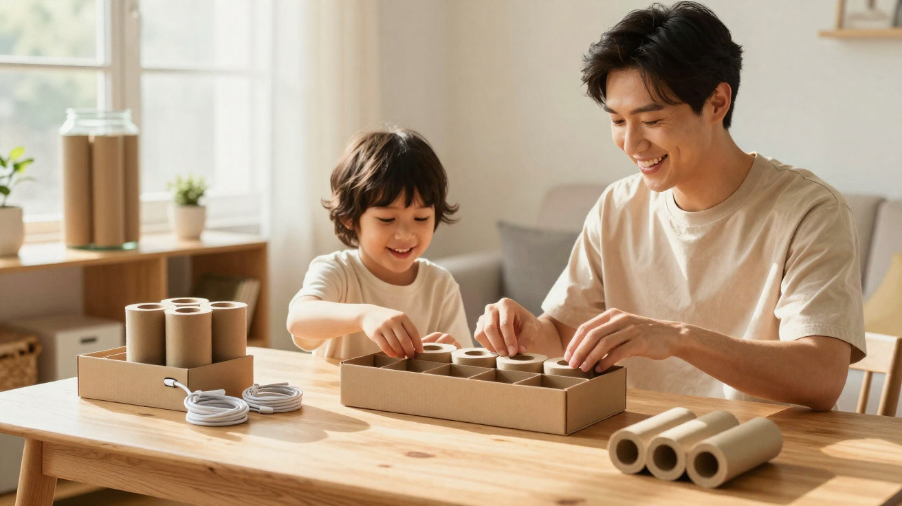 Pai e filho brincam juntos com brinquedos educativos de papelão em mesa de madeira.