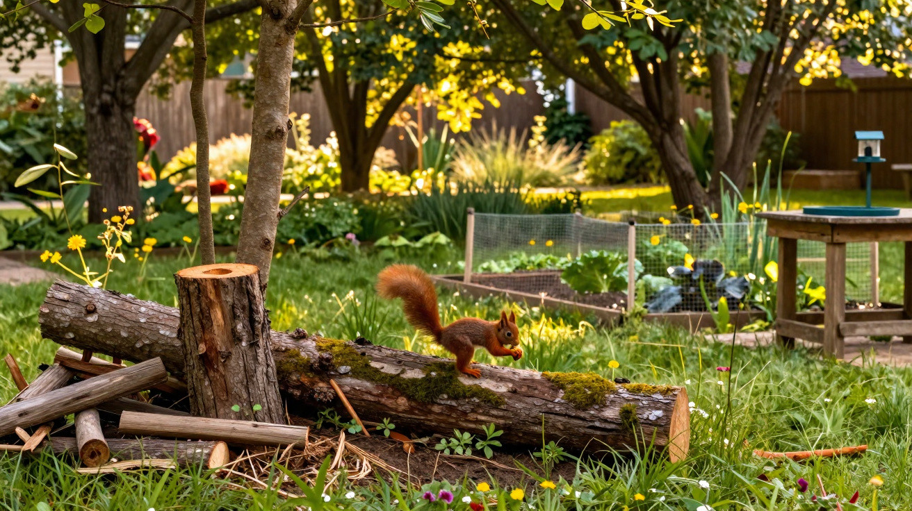Esquilo laranja correndo sobre troncos em jardim ensolarado com árvores, flores e cercado de plantas.