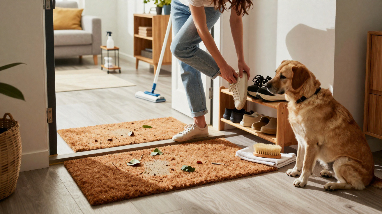 Mulher preparando-se para sair, tirando sapato sujo enquanto cachorro observa, com tapete de entrada sujo.