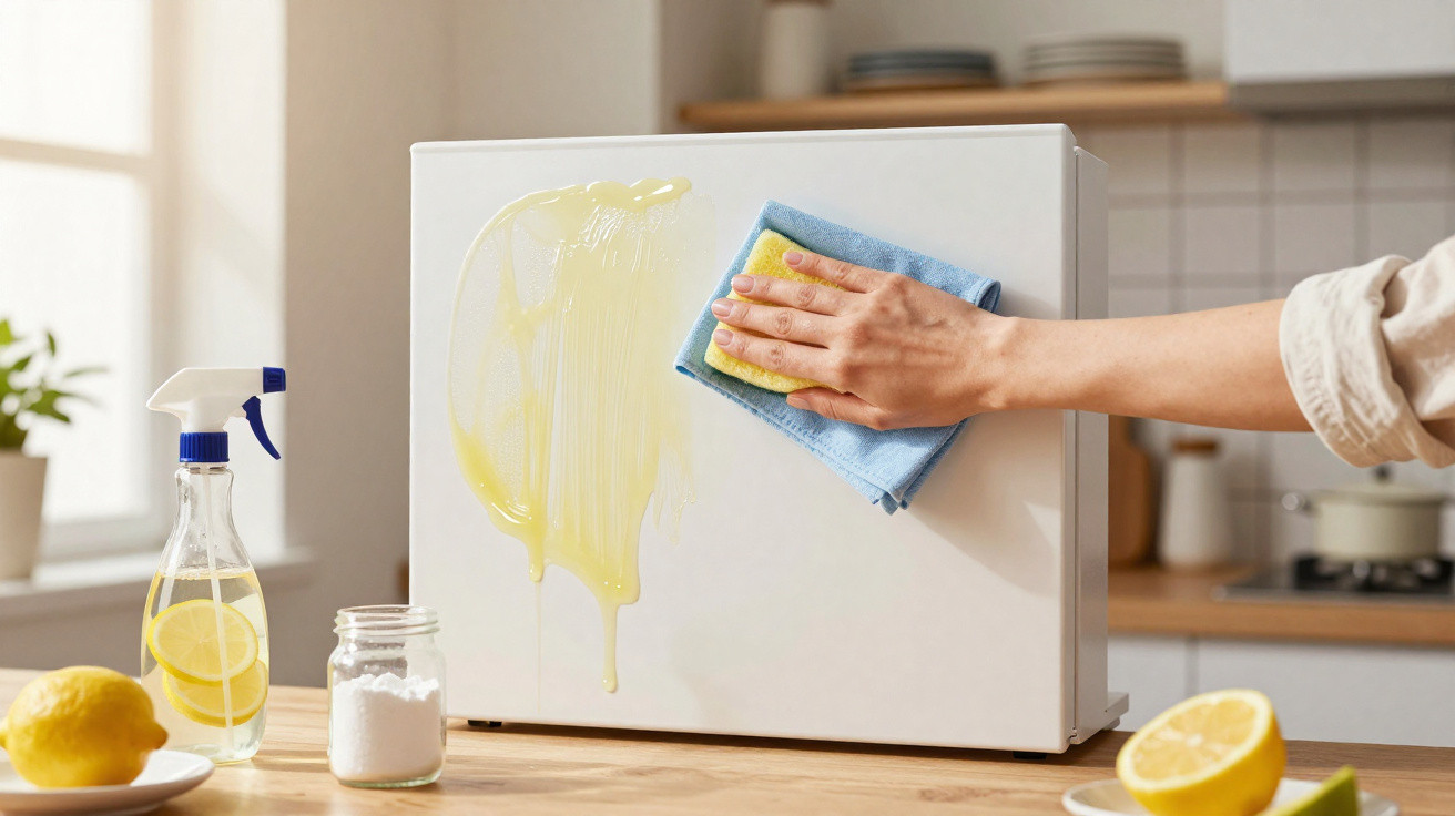 Pessoa limpando superfície branca com pano azul e esponja amarela, spray e limão na bancada da cozinha.