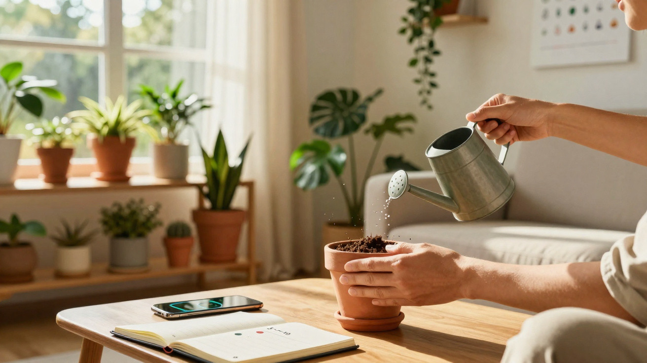 Pessoa regando planta em vaso de barro sobre mesa de madeira em ambiente iluminado com várias plantas ao fundo.