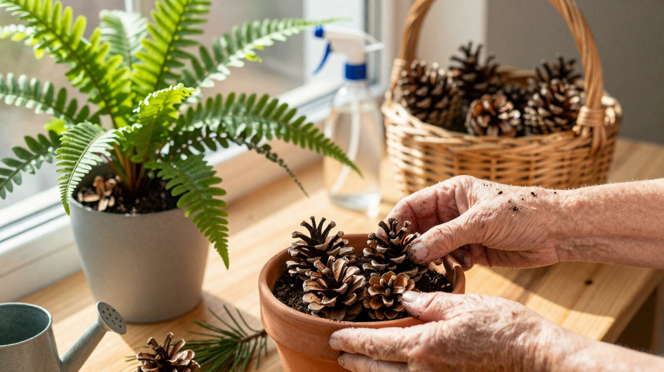 Mãos sujas plantando pinhas em vaso de barro ao lado de regador, samambaia e cesta com pinhas na madeira.