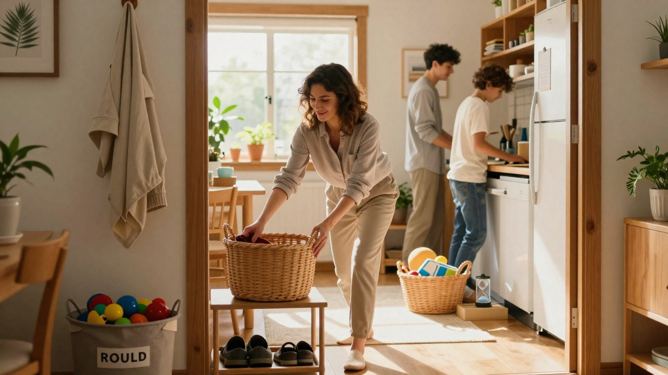 Mulher organizando cesto na sala enquanto dois homens preparam algo na cozinha clara e iluminada.