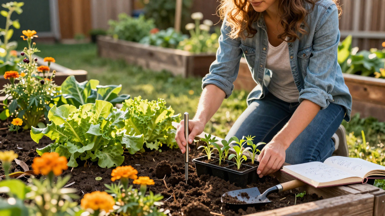 Mulher jardinando, plantando mudas em canteiro com hortaliças e flores em área externa ensolarada.