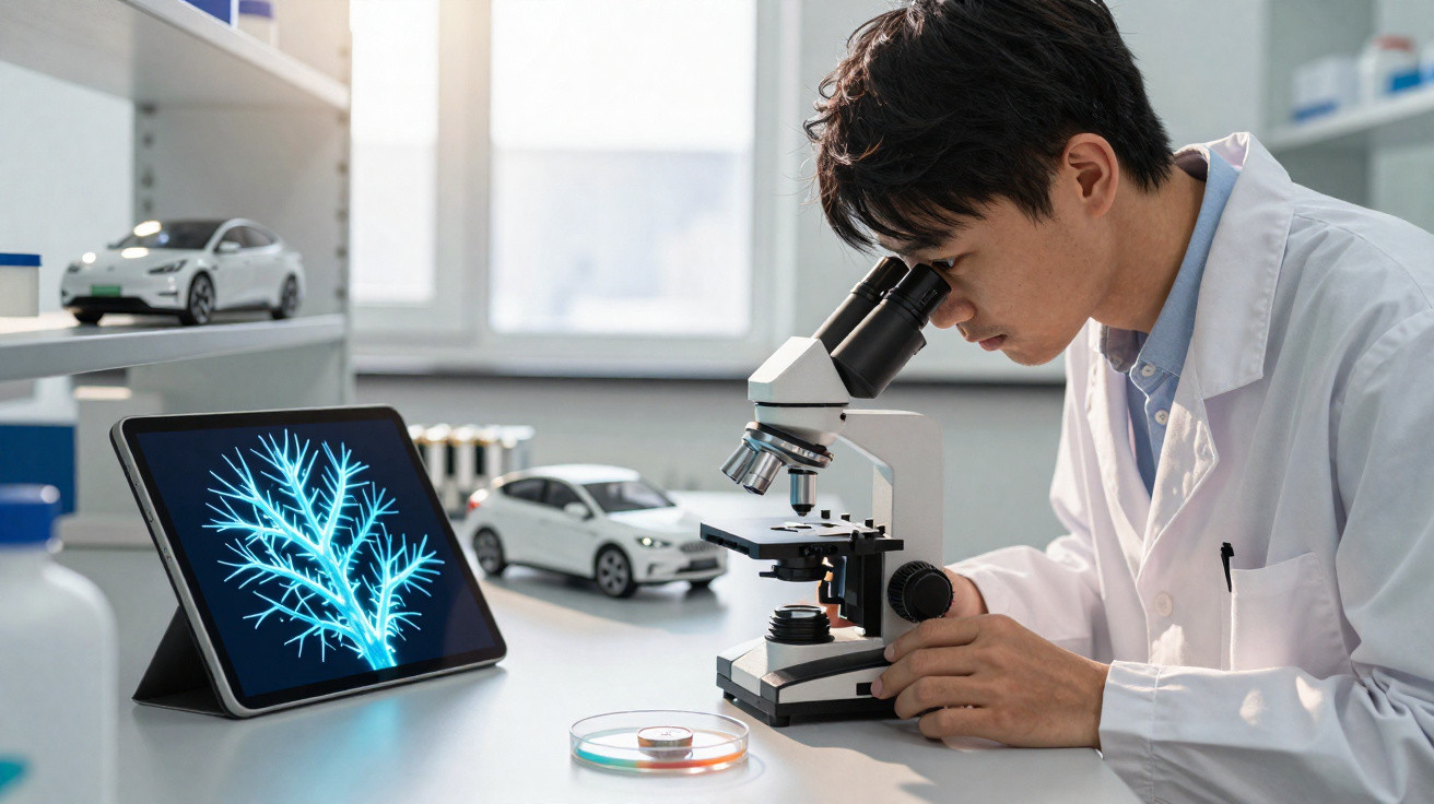 Homem em jaleco branco observando amostra em microscópio em laboratório com tablet exibindo imagem digital.
