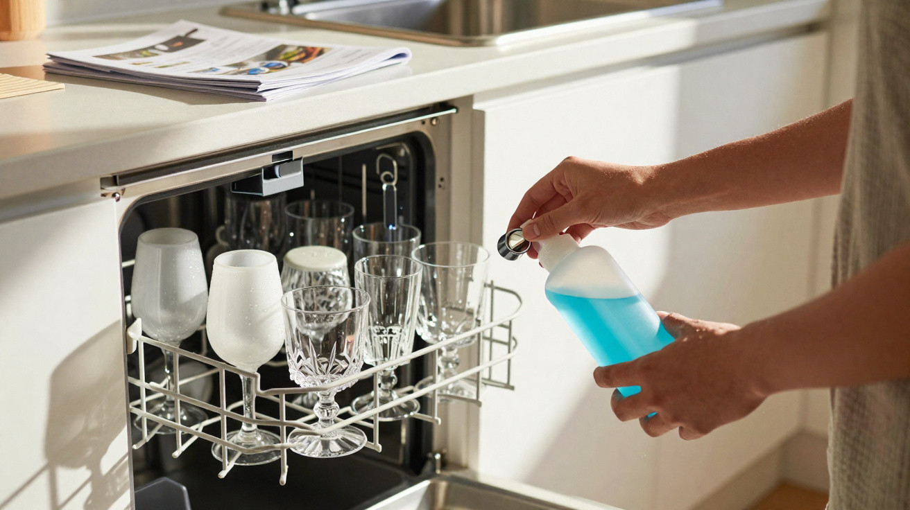 Pessoa colocando detergente azul em máquina de lavar louças com copos e taças dentro em cozinha.