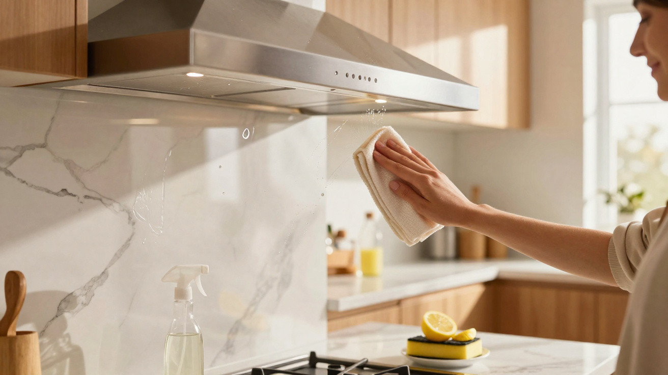 Pessoa limpando exaustor de cozinha com pano branco ao lado de fogão e bancada de mármore.