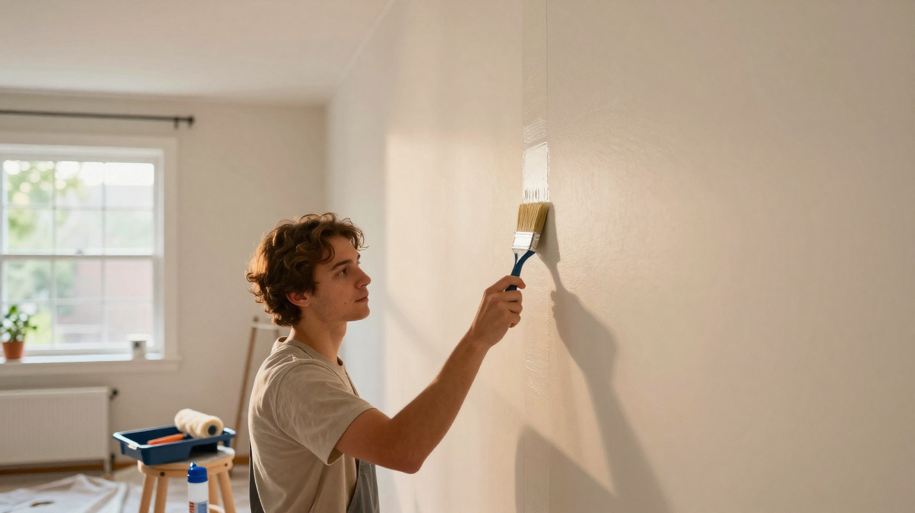 Jovem pintando parede interna de casa com pincel, luz natural entrando por janela ao fundo.