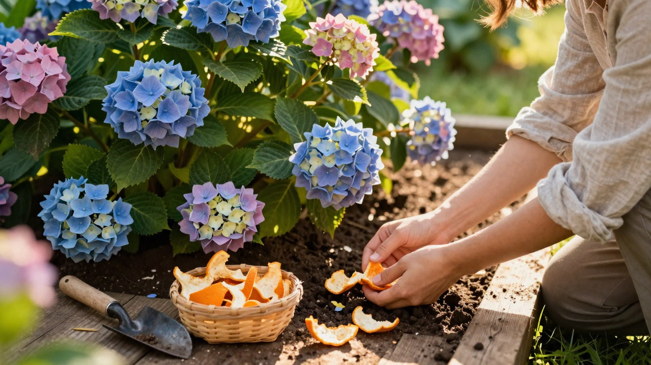Pessoa limpa cascas de laranja em jardim ao lado de várias hortênsias coloridas em vaso.