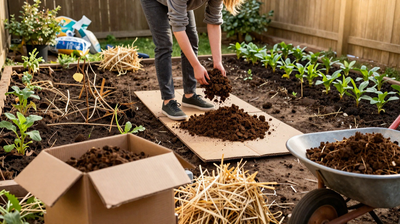 Pessoa organizando terra em canteiro de horta coberto com papelão em jardim interno com pequenas plantas.
