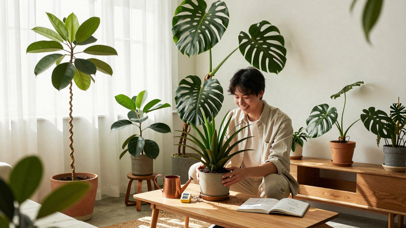 Pessoa cuidando de plantas dentro de casa em ambiente iluminado com mesa de madeira e livro aberto.