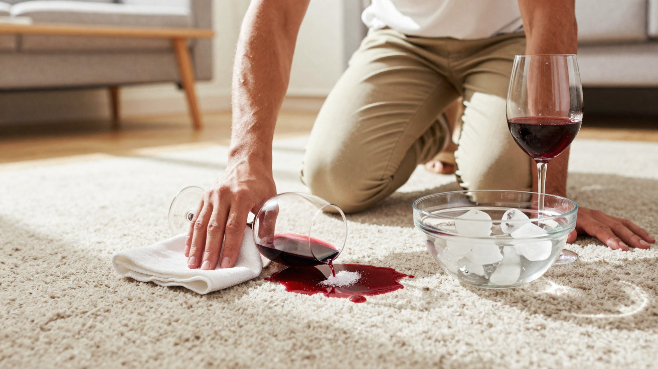 Pessoa limpando vinho tinto derramado em tapete com pano branco e tigela de água com gelo.