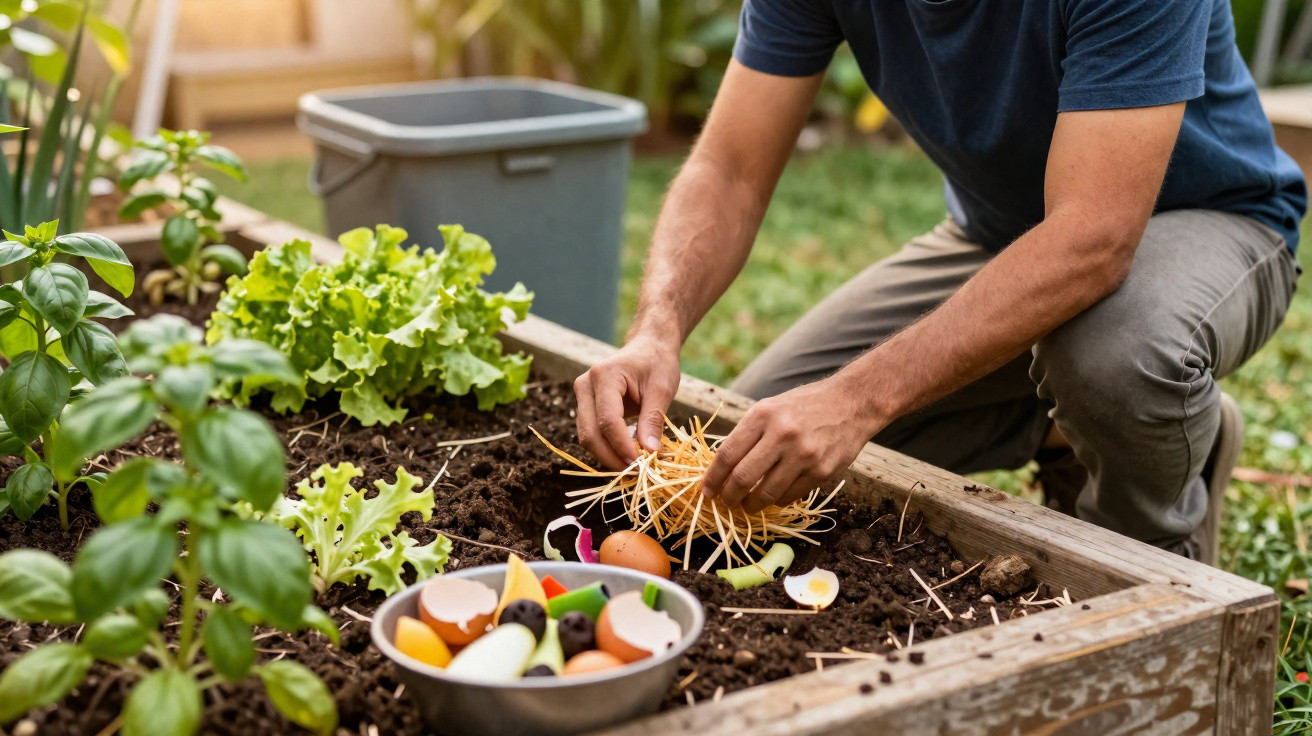 Pessoa adiciona restos orgânicos em canteiro de jardim para compostagem doméstica ao ar livre.